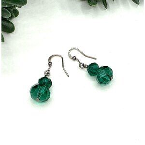 Green Crystal Bead Drop Earrings With Silver-Tone Hooks